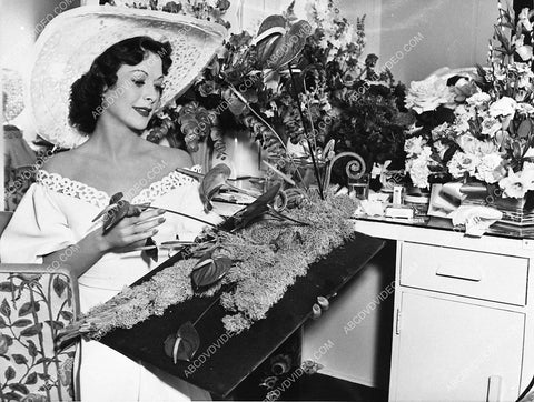 candid Hedy Lamarr w a bunch of flowers in her dressing room 755-23