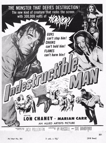 ad slick Lon Chaney Jr sci-fi film Indestructible Man 1209-15
