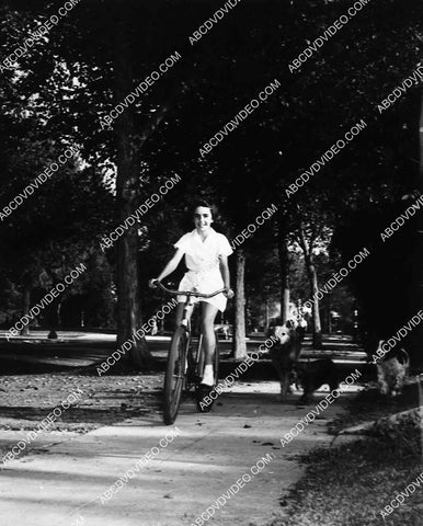 Elizabeth Taylor goes for a bicycle ride with dogs giving chase 8201-9