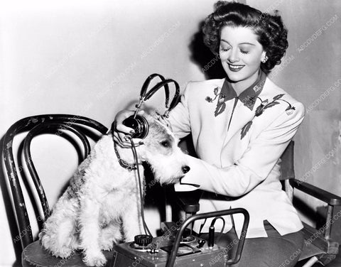 Myrna Loy gives Asta the dog a hearing test behind the scenes MGM 8b03-616