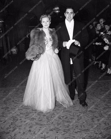 1938 Oscars Tyrone Power wife Annabella ? Arriving at awards aa1938-12</br>Los Angeles Newspaper press pit reprints from original 4x5 negatives for Academy Awards.
