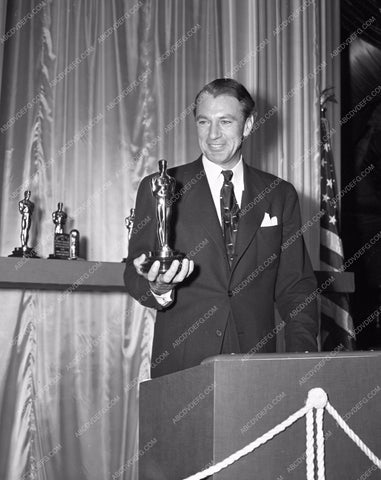 1941 Oscars gary Cooper and his statue Academy Awards aa1941-27</br>Los Angeles Newspaper press pit reprints from original 4x5 negatives for Academy Awards.