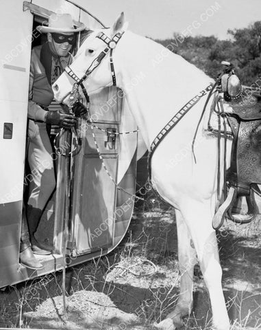 candid Clayton Moore Lone Ranger in trailer and Silver 8b20-10775