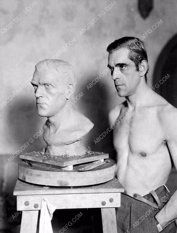 shirtless Boris karloff and his likeness in a sculpted statue 8b20-5142