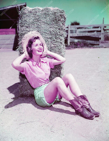cute Debbie Reynolds leaning against a haystack 8b20-8092