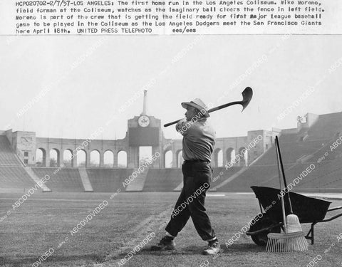 crp-1023 1957 historic Los Angeles Coliseum readied for Dodgers baseball season Mike Moreno field forman crp-1023