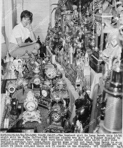 crp-1027 1963 Busiest Girl in Long Beach Calif, Joyce Coffee w antique clocks faces daylight saving time crp-1027