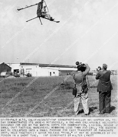 crp-11470 1957 aviation Hiller Helicopter Co demos new collapsible XROE-1 Rotorcycle in Palo Alto Calif crp-11470