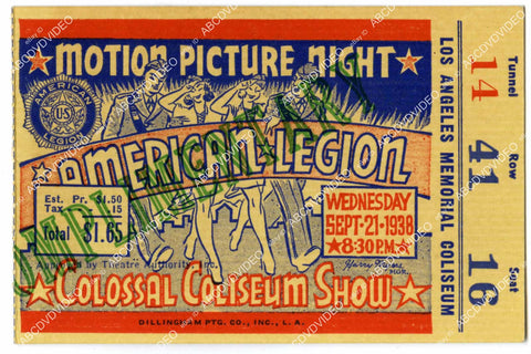 crp-11475 1938 ticket Hollywood oddity American Legion motion picture night at Los Angeles Memorial Coliseum approx 3x5 inches crp-11475