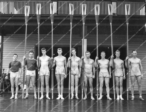 crp-11742 1937 news photo Navy Varsity rowing crew Hank Rowe, Vince Schumaker, Lou Spear, Abie Yates + others bare chests and bulges in shorts crp-11742