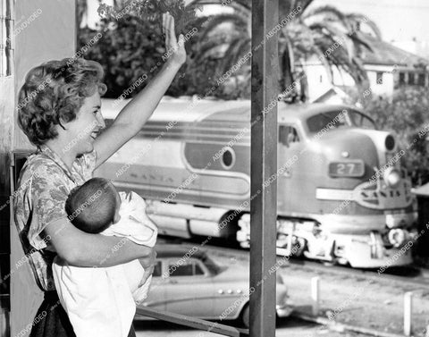 crp-11846 1960 Joanne Williams w newborn son waves Santa Fe Super Chief railroad engineer Pasadena Calif crp-11846