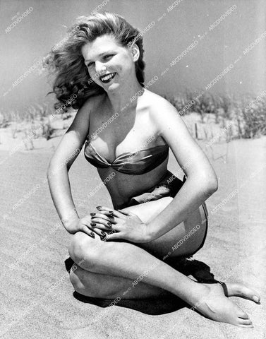 crp-13085 1950 news photo sexy Shirley Penta innew bikini sitting in sand Hampton Beach vintage pinup pose crp-13085