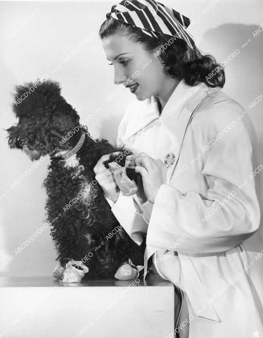crp-02504 1944 Tamara Toumanova makes booties for dog out old shower curtain candid at RKO crp-02504